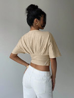 Blouse d'été personnalisable pour femme, coupe ajustée, manches chauve-souris, design tendance, débardeur court froncé à col en V torsadé sur le devant