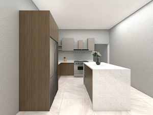 Armoires de cuisine modernes et durables avec îlot, en contreplaqué et panneaux de particules avec finition mélamine imperméable pour appartement - Product Image 4