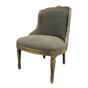 Linen Upholstered Wooden Carved French Dining Room Chair Vintage Dining Chair