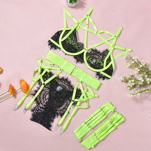 Women's Sexy Satin Lingerie Set Lace Embroidery Push-Up Bra With Halter and Panty Rhinestone Decoration - Product Image 5