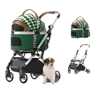 Stroller hewan peliharaan lipat 4 roda, stroller anjing atau kucing terpisah, troli lipat satu tangan mudah