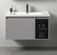 Meuble de salle de bain en PVC de luxe moderne pour hôtel, 60 cm, avec miroir LED, vasque en céramique et comptoir, résistant à l'eau, à fixation murale