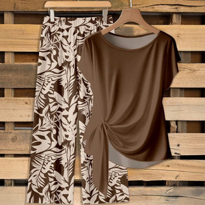 Ensemble décontracté pour femme : haut imprimé à manches courtes noué et pantalon large – Tailles S, M, L, XL, XXL – Style Europe et Amérique - Product Image 2