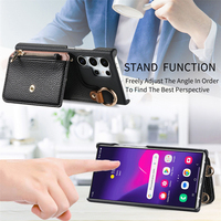 Pour Samsung Galaxy S25 Ultra portefeuille étui en cuir avec fentes pour cartes lanière détachable sangle maquillage miroir fermeture éclair sac à main