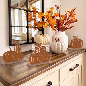 Letreros Decorativos de Calabaza Otoñal, Adornos de Metal y Madera con Patrón de Follaje, Forma Irregular, Decoración de Mesa para el Hogar en Acción de Gracias - Product Image 3