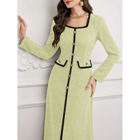 Fabricant OEM ODM sur mesure, Robe longue en tweed vert pour femme, col carré, manches longues, bordure tressée, coupe trapèze, pour soirée, hiver, logo personnalisé