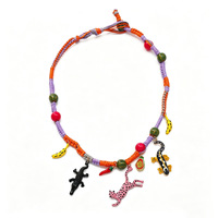 Kleurrijke geweven touw choker ketting met dieren- en fruitbedels voor vrouwen