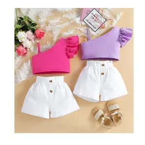 2023 Summer Fashion Baby Girls Clothing Sets Solid Color One Shoulder Vest Tops Shorts 2PCS Little Girl Clothes