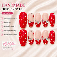 Faux ongles à presser personnalisés en gros, faits main, avec strass, motif pois rouges, French manucure, courts, ovales, réutilisables