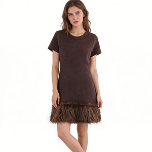 Robe Courte en Maille Marron pour Femme, Manches Courtes, Bordure en Fourrure, Élégante, Décontractée, pour Soirée, Robes Tendance - Product Image 2