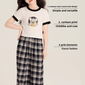 ชุดขายส่งสำหรับเด็กผู้หญิง เสื้อยืดพิมพ์ลายการ์ตูนสีสันสดใส + <span class=keywords><strong>กางเกง</strong></span>ขายาวลายสก็อต ชุดลำลองฤดูร้อนสำหรับเด็กผู้หญิง - Product Image 2