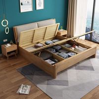 Lit double moderne minimaliste en bois massif avec rangement hydraulique et tête de lit rembourrée, mobilier de chambre à coucher
