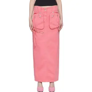 Manufacturer custom back vent cotton twill maxi skirt front patch cargo pockets straight skirts for women