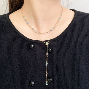 Grosir disesuaikan manik-manik akrilik biru paduan liontin bintang emas rantai rumbai kalung untuk wanita - Product Image 2