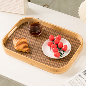 Plateau de service en cuir, série Leather, cadre rond en bambou, motif géométrique, poignée, usage résidentiel - Product Image 5
