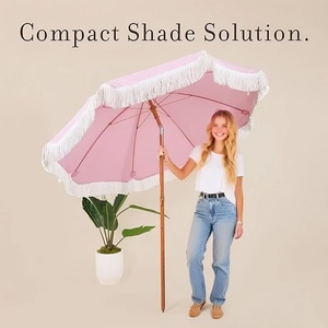 Boho Fringe Vintage Garden Umbrella Manual Iron <b>Frame</b> Extra Large Custom Patio Shade with Push-Button Tilt & Wood Print Design - Product Image 3