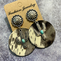 Boucles d'oreilles pendantes en alliage style western bohème en cuir imprimé vache, avec incrustations de cactus et turquoise, bijoux d'oreille vintage pour femme