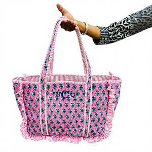 Indian hand block cotton quilted frill tote bag personalized Embroidery bride name gift tote bag boho stylish <b>pool</b> carry on bag - Product Image 1
