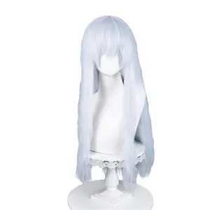 Parrucca Cosplay lunga Anime parrucca con frangia naturale fibra sintetica parrucca completa per adulti Costume di Halloween (bianco)