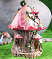 Figurine de maison champignon en résine pour paysage de jardin Décoration extérieure Ornements de maison roses avec lumières solaires