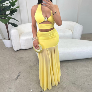 Penjualan terlaris musim panas wanita tanpa lengan Deep V leher Hollow Out Crop Top jala tembus pandang rok panjang wanita dua potong Set rok - Product Image 1