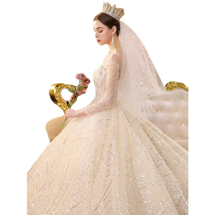 2023 New Plus Size Women Sexy Slim Long Sleeves Bride Wedding Dress White Trailing Backless Lace Wedding Dresses Drop Shipping