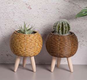 Soporte para maceta de suelo, cesta tejida de ratán, maceta con patas, maceta para apartamento, sala de dibujo, bola, marrón claro - Product Image 4