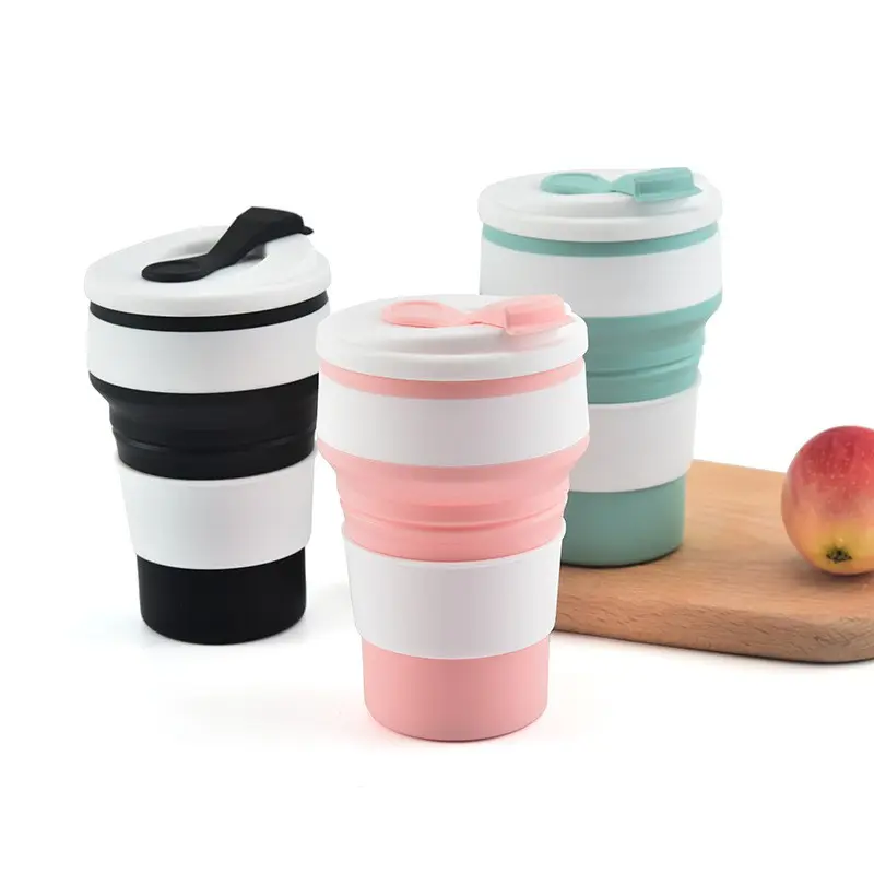 NEWYUES vente en gros, tasse à café en Silicone réutilisable et pliable de 350ml, en caoutchouc pliable pour boire, de voyage, avec couvercles