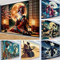 Tapisserie murale en polyester motif chat Geisha Teal Moonlit, résistante à la décoloration, légère, facile à accrocher, art mural, vente en gros
