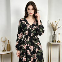 Nouvelle Arrivée 2026 – Robe Cache-Cœur Femme à Imprimé Floral, Col en V, Manches Bouffantes, Taille Haute Ceinturée – Vente en Gros, En Stock