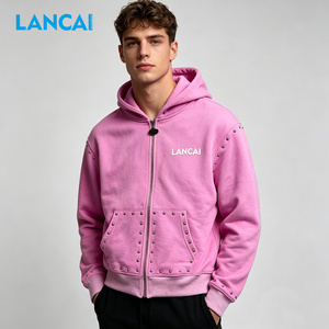Top Manufacture Custom High Quality Acid Wash Vintage Distressed Fleece Cotton Sun Faded Oversized Pearl <b>studded</b> Zip up Hoodie - Product Image 3