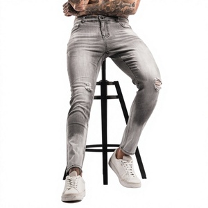 Jeans en denim déchiré pour hommes, coupe slim, extensibles, style skinny, déchirés, bleus, personnalisables OEM ODM, vente en gros - Product Image 1