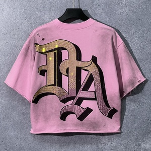 XH Vintage Luxury Rhinestone Heavy Cropped <b>T</b> Shirt High Quality Acid Washed Distressed Oversized Men Tee Wholesale - Product Image 2