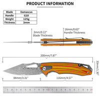 Couteau pliant à roulement à billes avec lame en acier Damas VG10 et manche en G10, couteau de poche EDC portable pour le camping, la randonnée et la collection