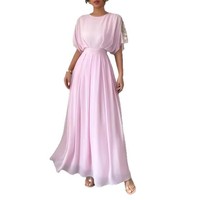 Robe longue en mousseline de soie élégante de style vintage français avec bordure en dentelle - Manches bouffantes - Coupe évasée - Robe de qualité supérieure OEM