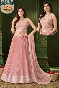 Womens Blush Pink Embroidered Crop <b>Top</b> Lehenga Skirt Set with Dupatta <b>Festive</b> Ethnic Wear for Wedding Party Functions - Product Image 3