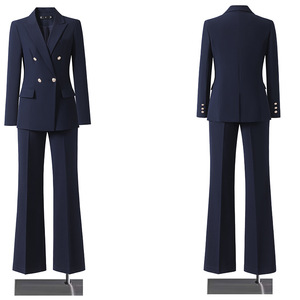 Women's Navy Blue Formal Suit Set Double Breasted Jacket Flared Pants Work Wear Spring Autumn Office Uniform - Product Image 1
