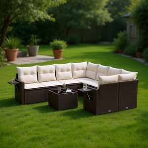 Brown Rattan Garden <b>Sofa</b> <b>Set</b> Cream Cushions Outdoor Furniture Contemporary Design Durable UV Resistant PE Wicker - Product Image 2