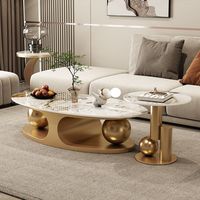 Mesa de Centro Ovalada de Piedra Brillante Estilo Minimalista Italiano, Mesa de Salón de Lujo Ligero con Estructura Metálica Móvil y Base de Doble Bola