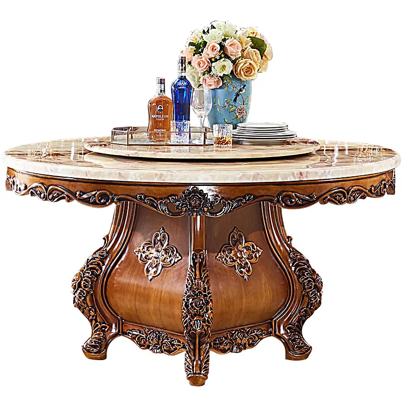 Tavolo rotondo in stile europeo in marmo tutto intaglio in legno massello con giradischi villa hotel grande tavolo da pranzo in stile americano
