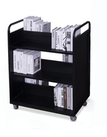 Chariot à livres en acier à 3 niveaux avec bords de protection, équipement de bibliothèque, chariot à livres mobile en métal avec étagères en forme de T