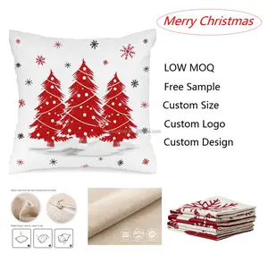 18x18 Inch Linen Pillow Covers Red Merry Christmas Tree Snowflake Personalized Custom Design Pillow Case Cushion Cover