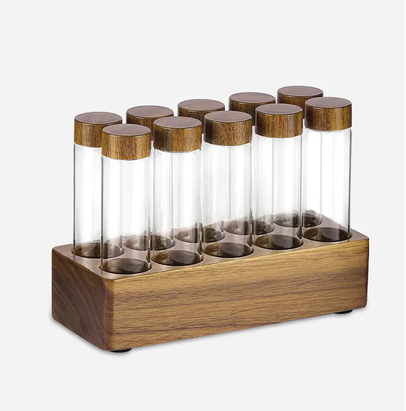 Test tube Shape Design Coffee bean Storage Holder, coffee bean/flower/fruit tea with Solid Walnut Wood and Glass Display Stand