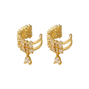 Pendientes de clip con diseño geométrico en forma de C con circonita dorada y gota de agua para mujer - Product Image 5