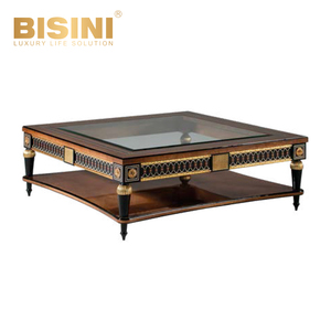 Tavolino da caffè in legno massello di lusso francese con superficie in vetro intagliato <span class=keywords><strong>foglia</strong></span> d'<span class=keywords><strong>oro</strong></span> Design moderno per soggiorno - Product Image 1