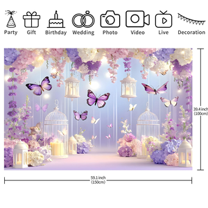 Fondo Romántico con Mariposas Moradas, Decoración de Pared para Bodas y Fiestas, con Globos y Flores Impresas - Product Image 2