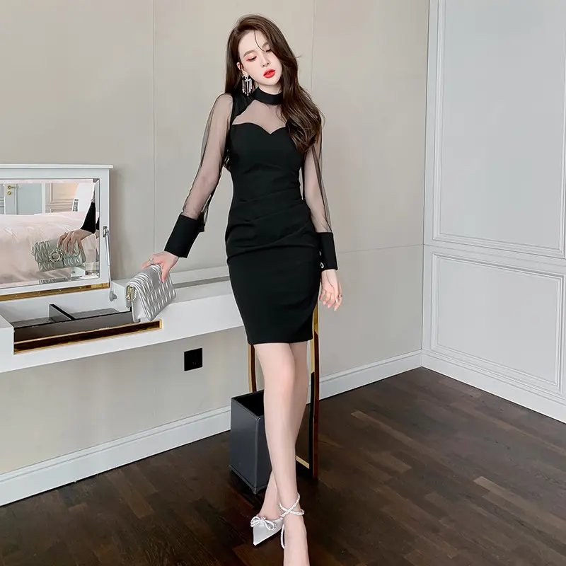 ZYHT 9376 OEM ODM Unterstütztes koreanisches Shift Mesh Transparentes schwarzes Damen Damen kleid