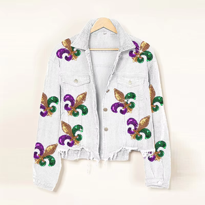 Pronto per la spedizione FDL con ricami di paillettes Patch Shacket martedì Gras cappotto floreale velluto a coste cappotti giacca da donna per il grasso di martedì - Product Image 3