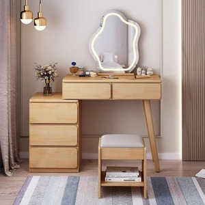 Nordic Style Dressing Table With Mirror Natural Wood Color Bedroom Vanity Unit Birch Wood Storage <b>Drawer</b> Furniture - Product Image 1