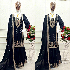 Robe Anarkali noire brodée à manches longues, longueur ras du sol, avec dupatta, tenue de mariage traditionnelle indienne et pakistanaise pour femmes - Product Image 1